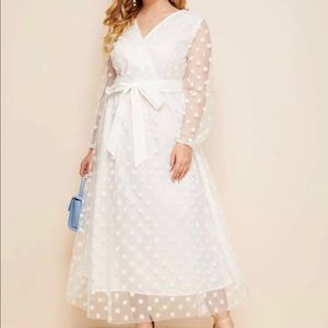 Shein Plus Surplice Neck Self Belted Dobby Mesh Overlay Dress